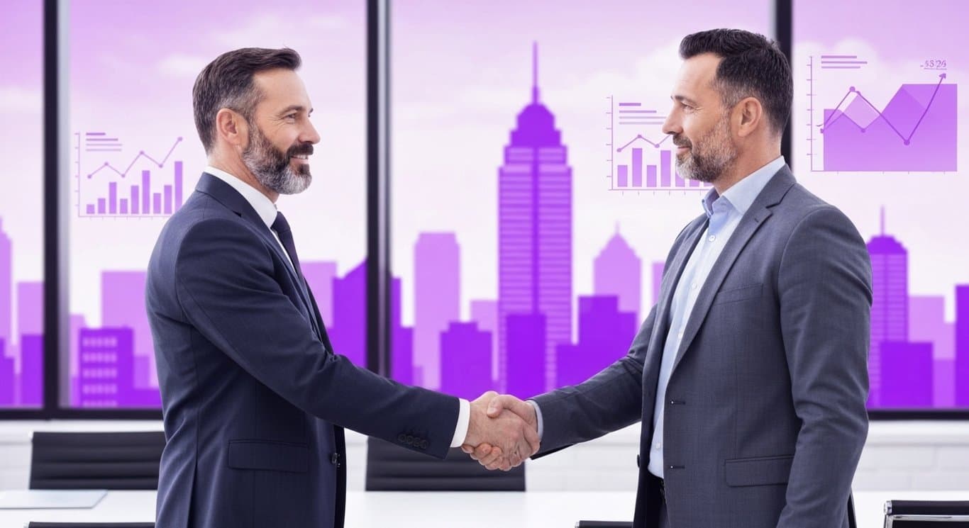 Two businessmen shaking hands in front of a city skyline and stylized charts on a purple background