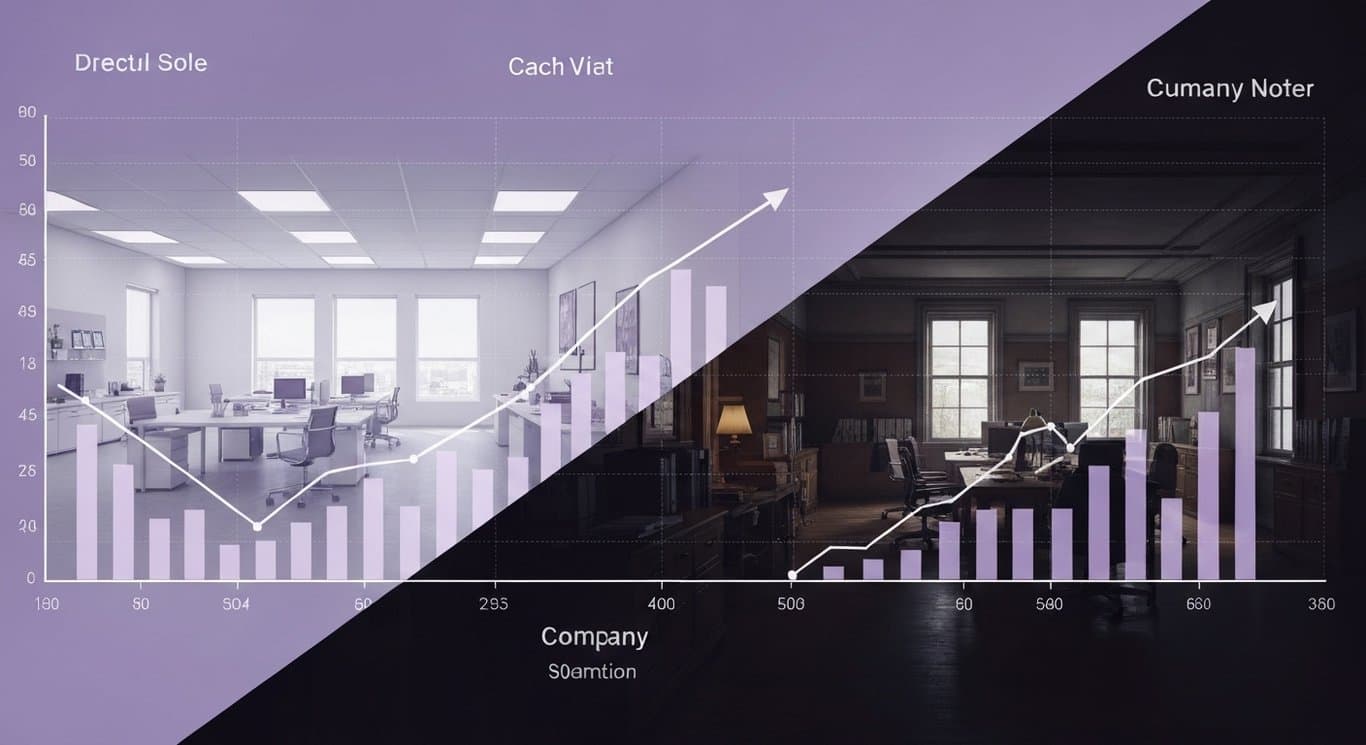 Financial chart displaying opposing trends set against contrasting corporate office backgrounds