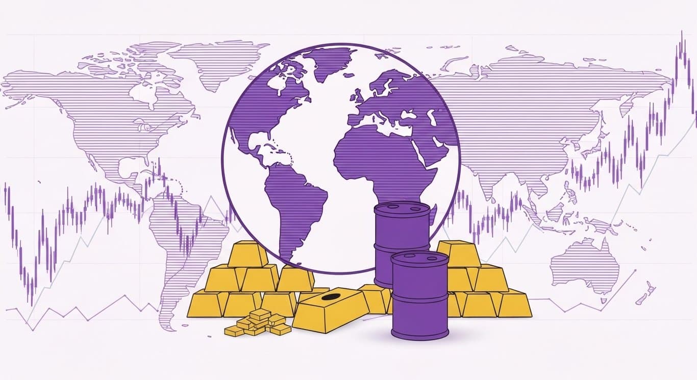 Abstract globe with gold bars and oil barrels amid digital financial graphs on a purple backdrop