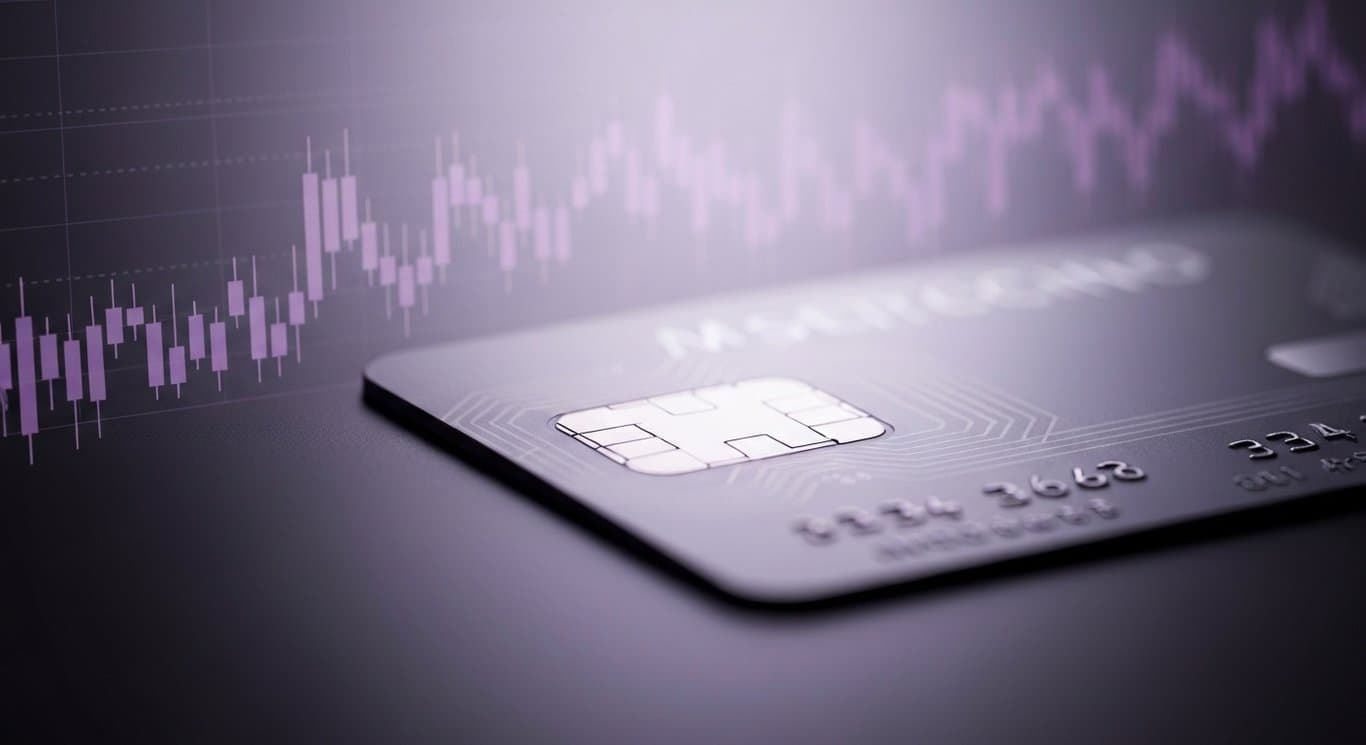 Modern credit card chip with abstract financial graph in soft purple hues