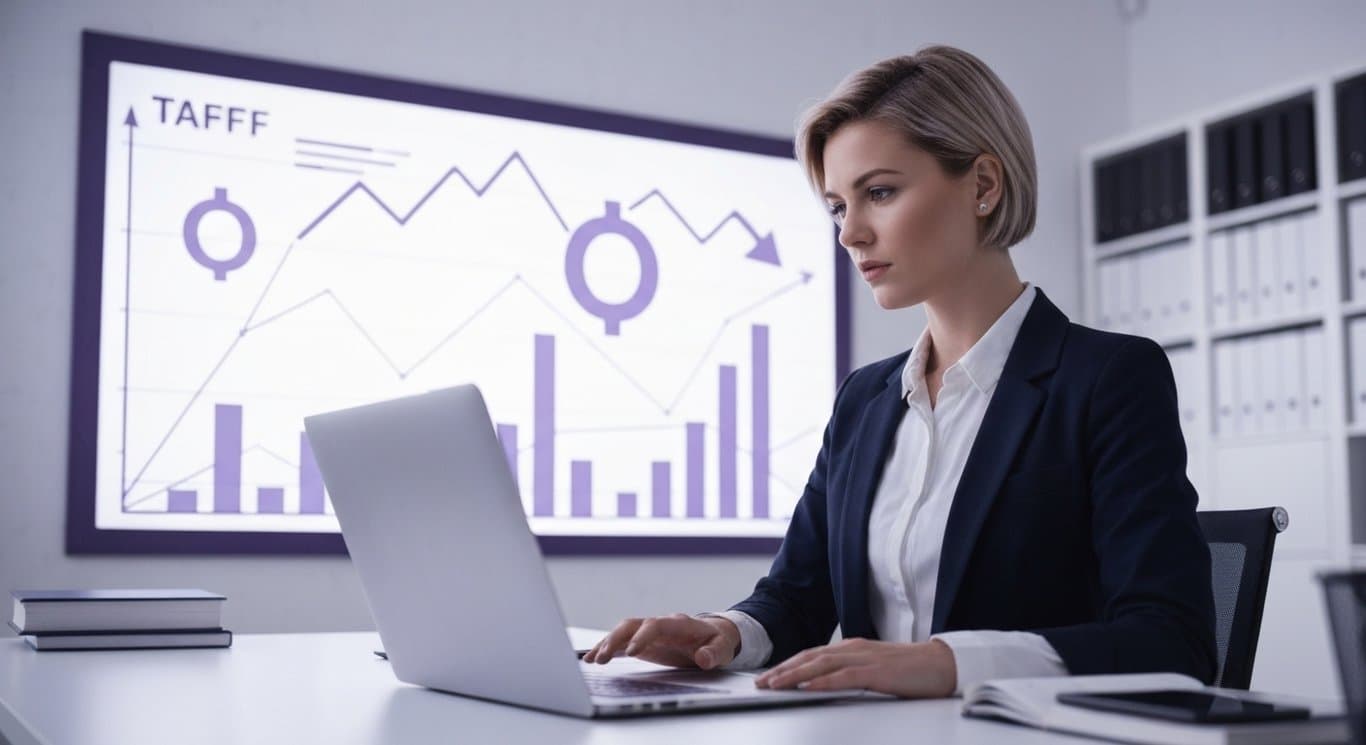 Corporate office worker sits at desk with laptop, abstract declining graphs in purple tones behind