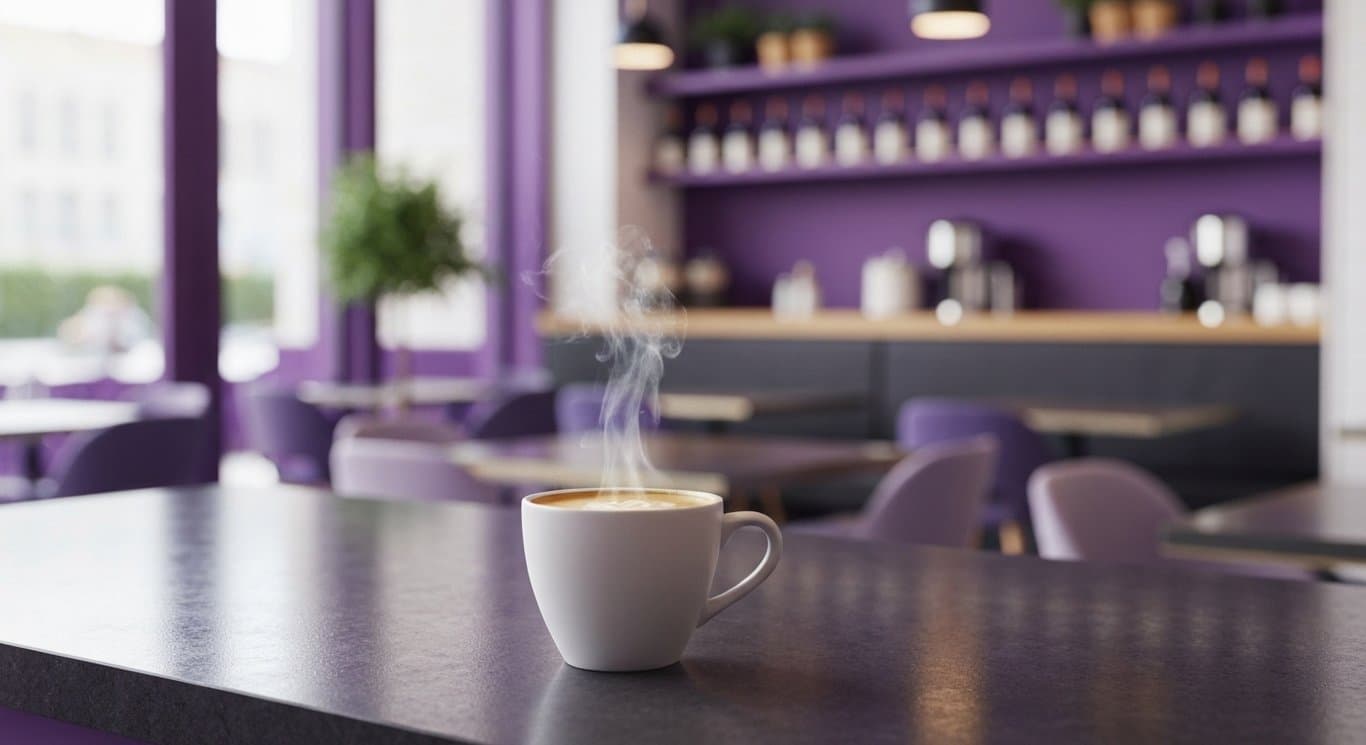 Modern coffee cup with steam on a sleek countertop in a bright cafe with purple hues