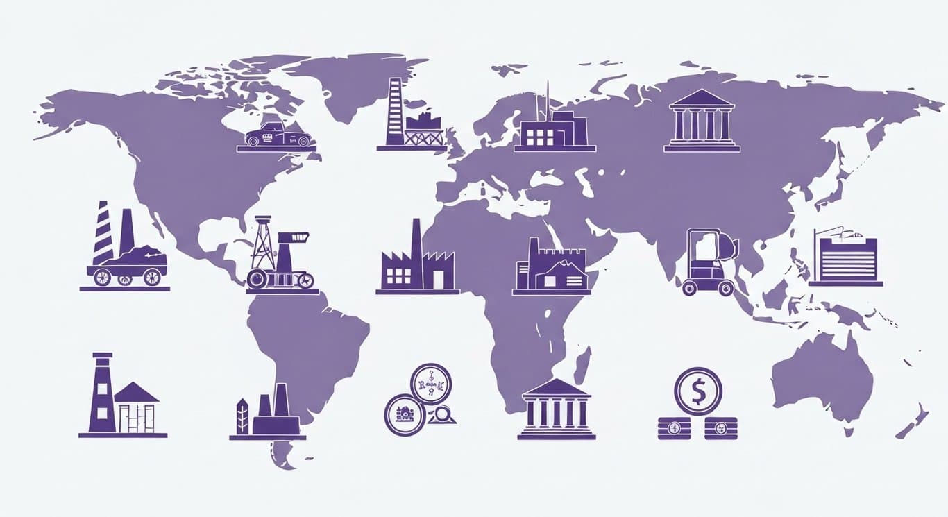 Industrial and financial sector icons in front of a blurred world map with a purple hue