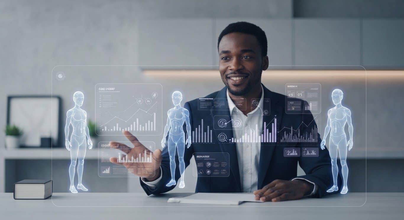 Business person using digital AI assistants in a modern office with abstract financial graphs and apps