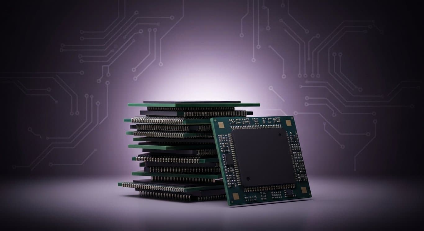 Semiconductor microchips stacked with soft lighting and abstract purple circuit patterns in the background