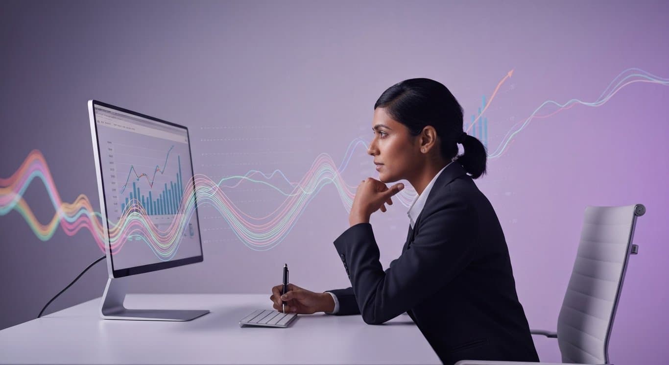 Businesswoman reviews financial charts at modern desk with abstract purple digital graphs in background