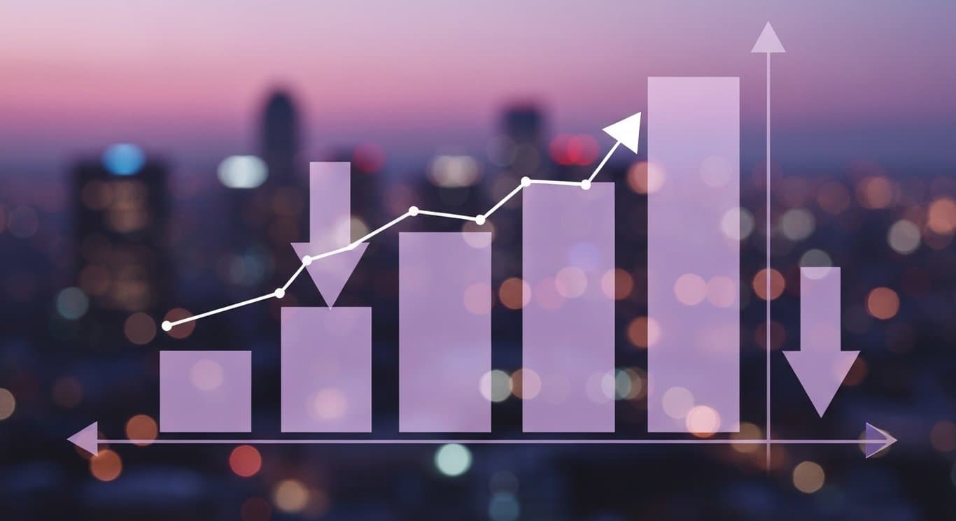 Stacked financial chart bars with arrows in front of a blurred city skyline at dusk