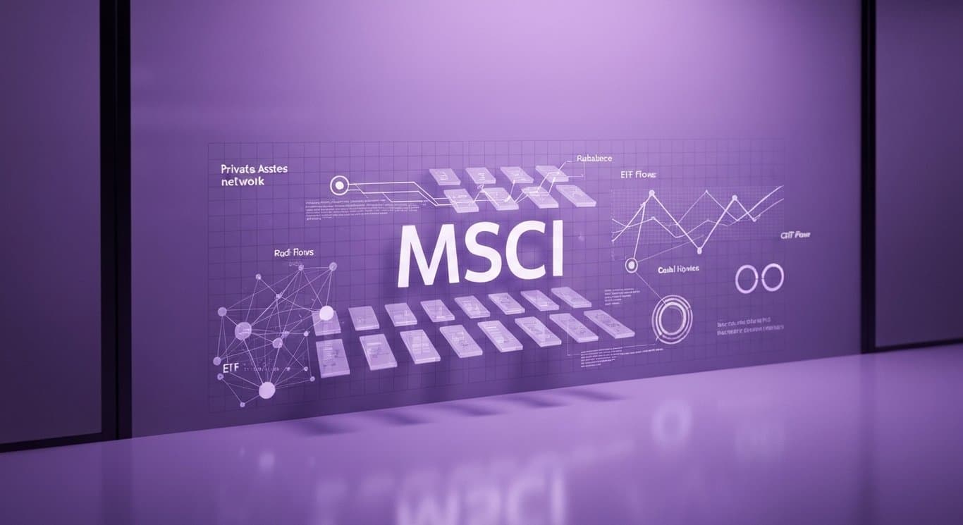 Logo in frosted glass with abstract index grid, data streams, private assets network, purple lighting