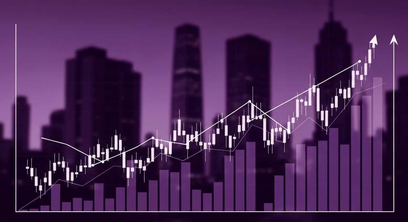 Stock market chart with upward trend in front of blurred city skyline and soft purple tones