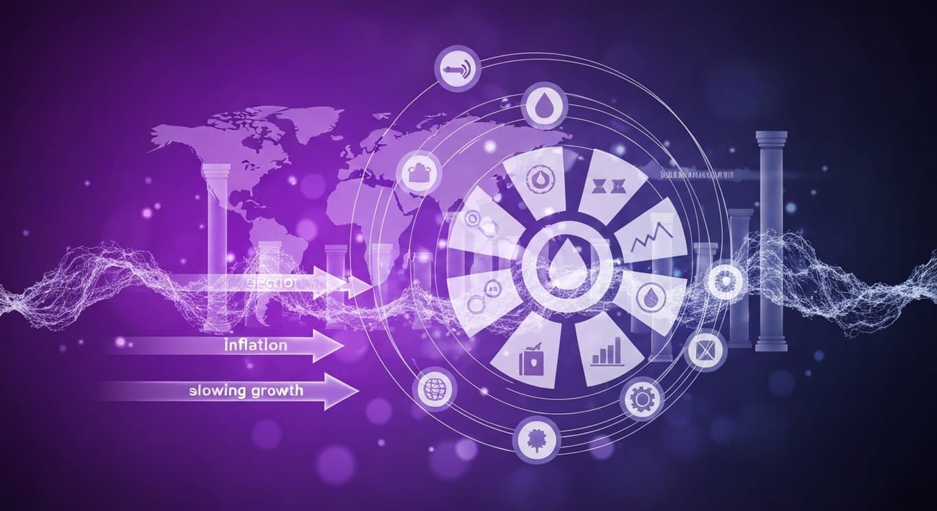 Sector rotation visualization with energy and industrials leading, stagflation risk from sticky inflation and slowing growth