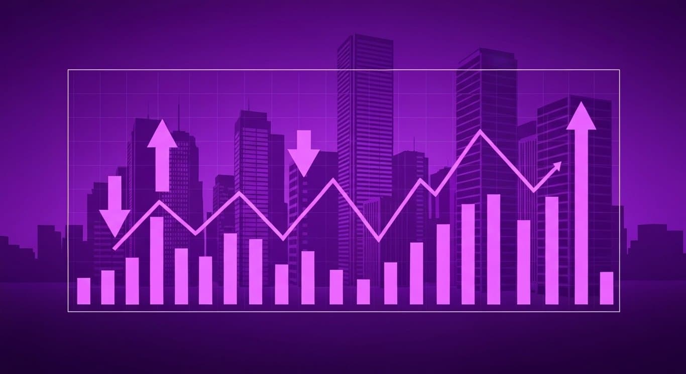 Stock market chart featuring arrows in front of an abstract city skyline with a purple color scheme
