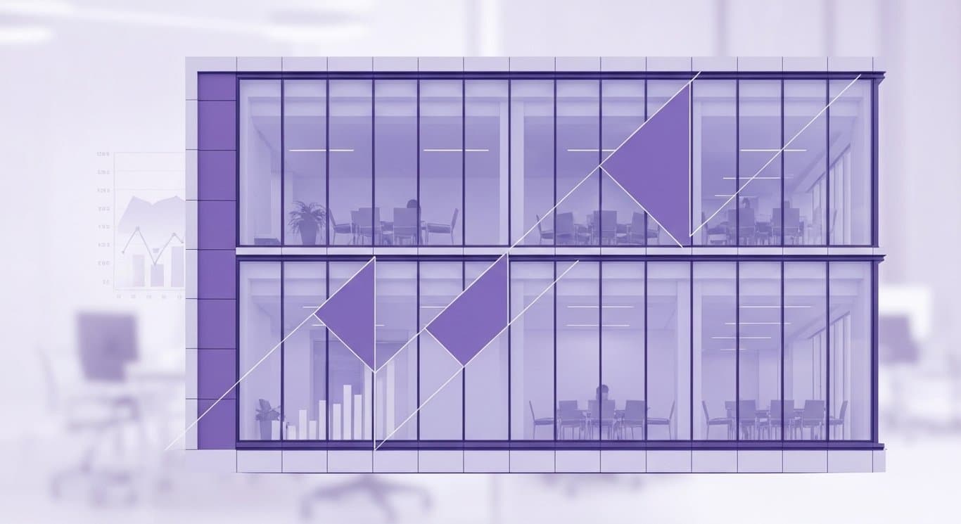 Modern bank building with glass windows amid abstract shapes and a soft purple background