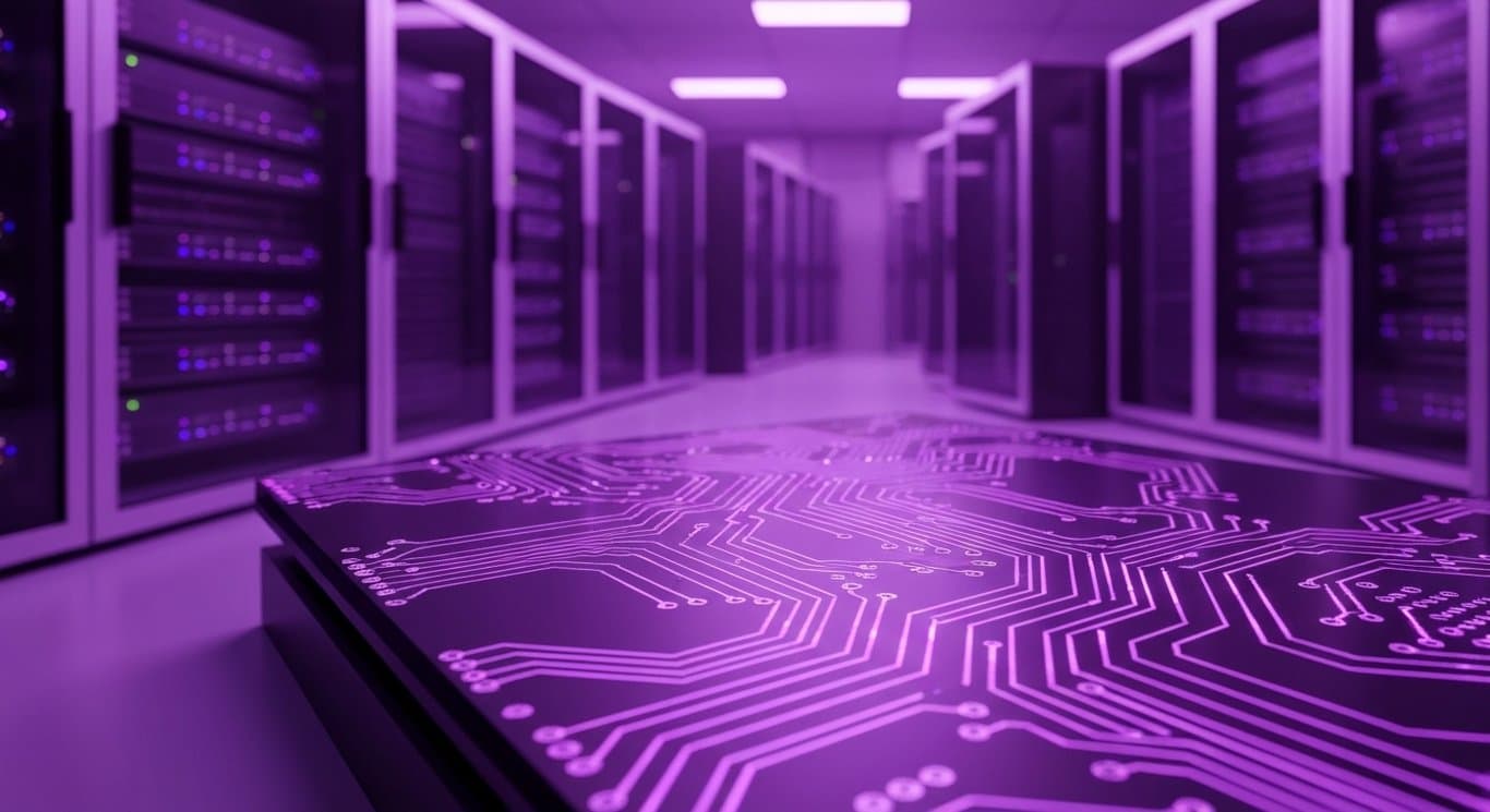 Optical circuit board with glowing links inside a sleek data center featuring a soft purple glow