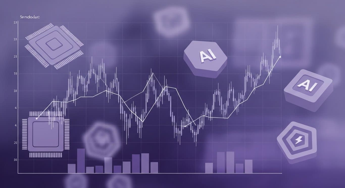 Stock market chart with abstract chips and energy icons against a soft purple minimalist background