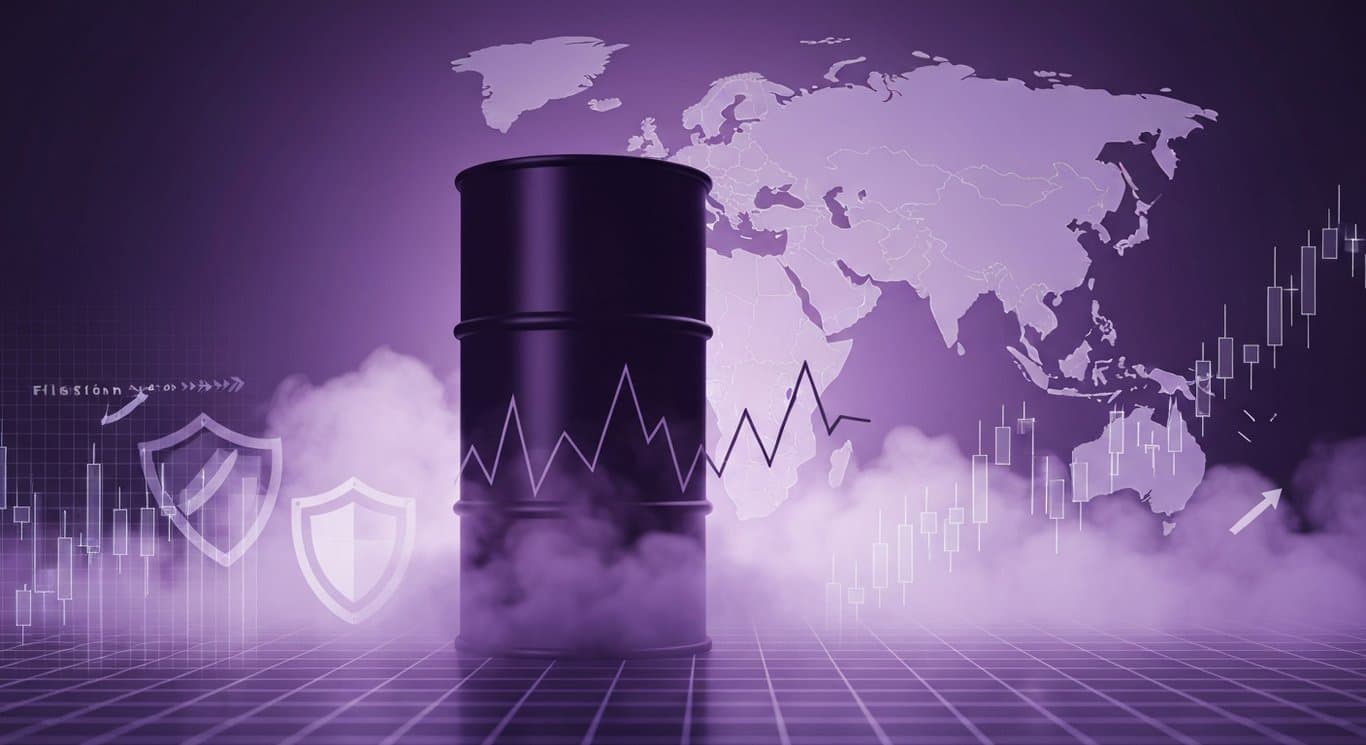 Global markets risk aversion amid Middle East oil shock, inflation pressure and delayed Fed cuts visualized with abstract紫紫紫