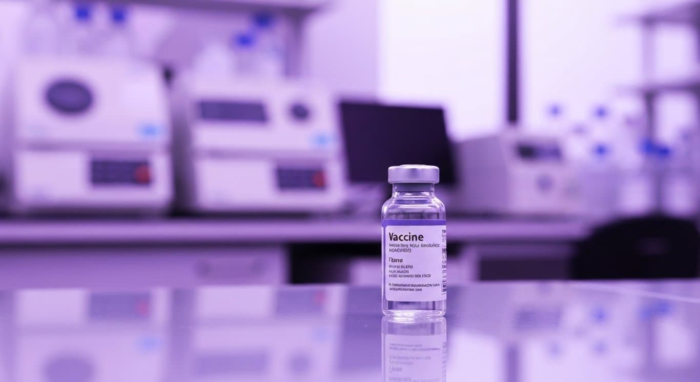Vaccine vial on reflective surface in a lab with a subtle purple background