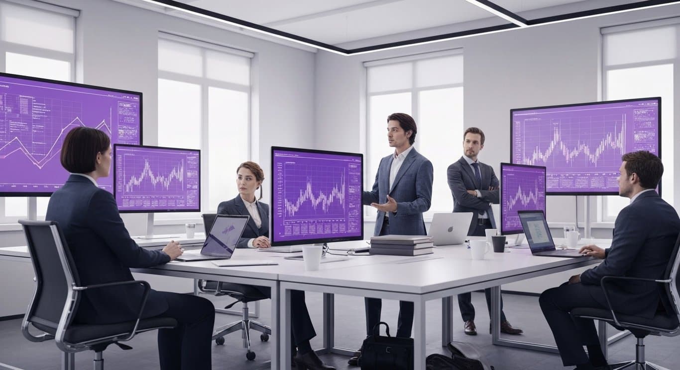 Business people collaborating in a modern office with abstract purple financial charts in the background
