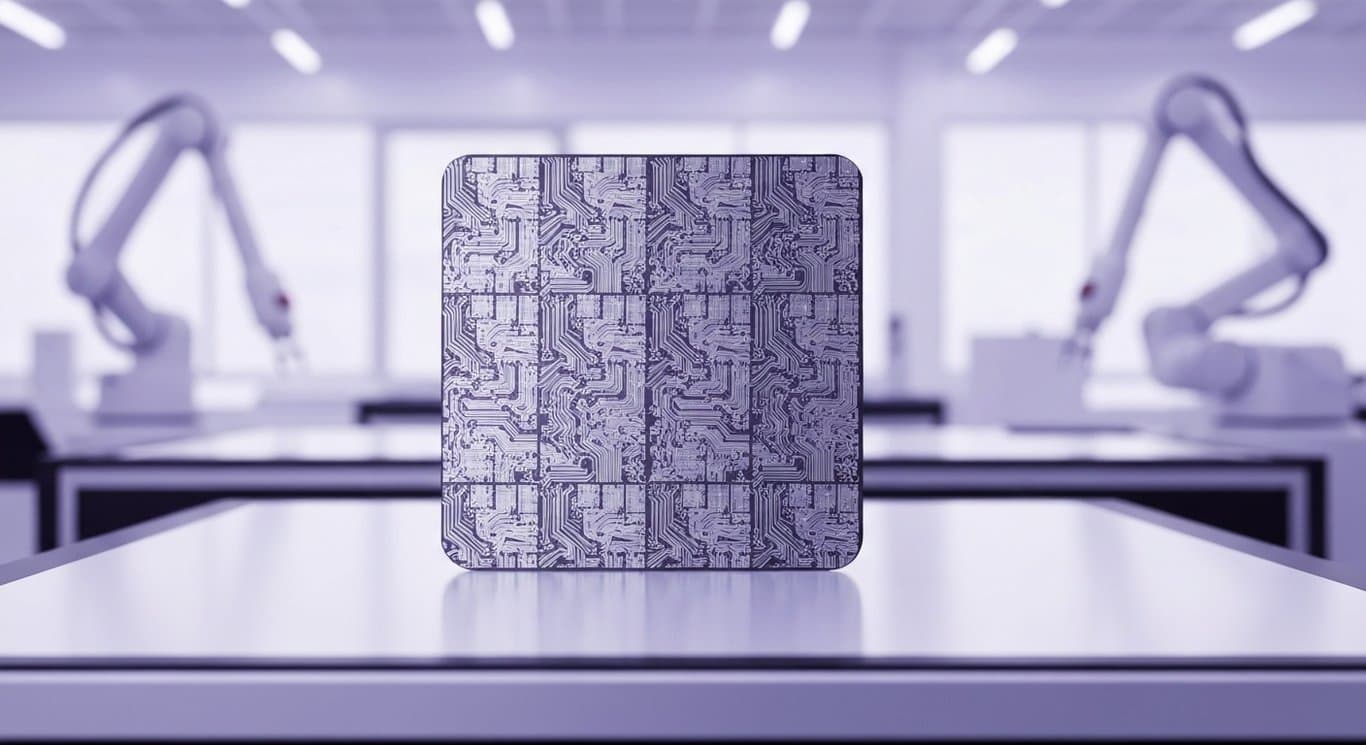 Silicon wafer on lab table with circuitry and soft purple-toned background