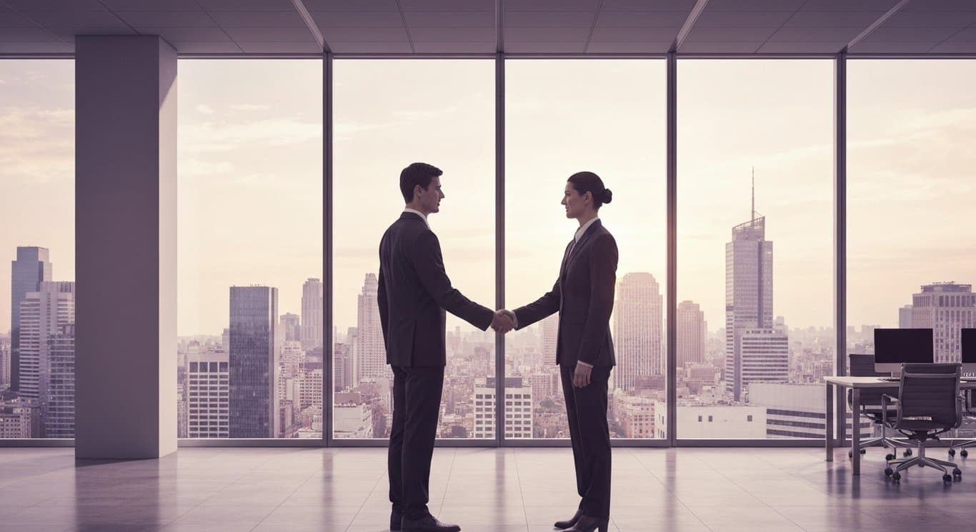 Two businesspeople shaking hands in a modern office with a purple-themed city skyline