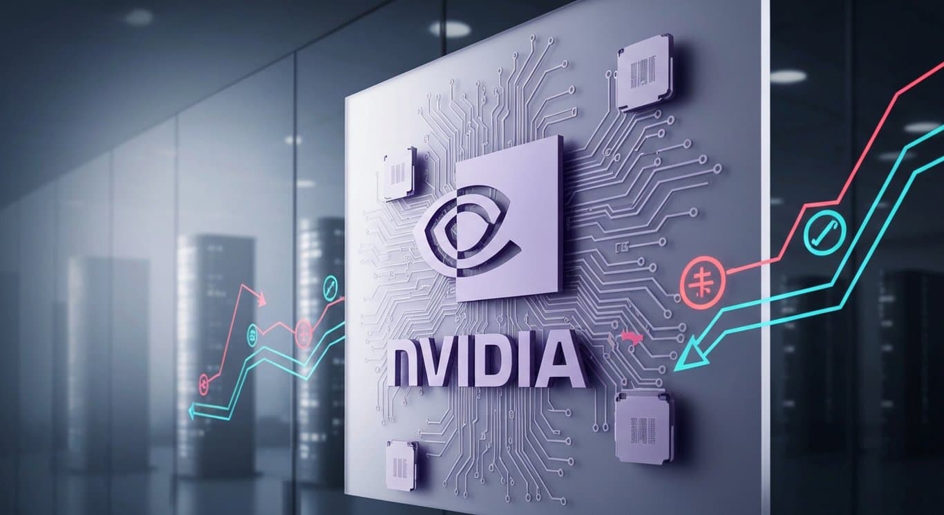 Logo in frosted glass with AI circuitry, data center haze, market arrows, energy and defensive icons, purple light