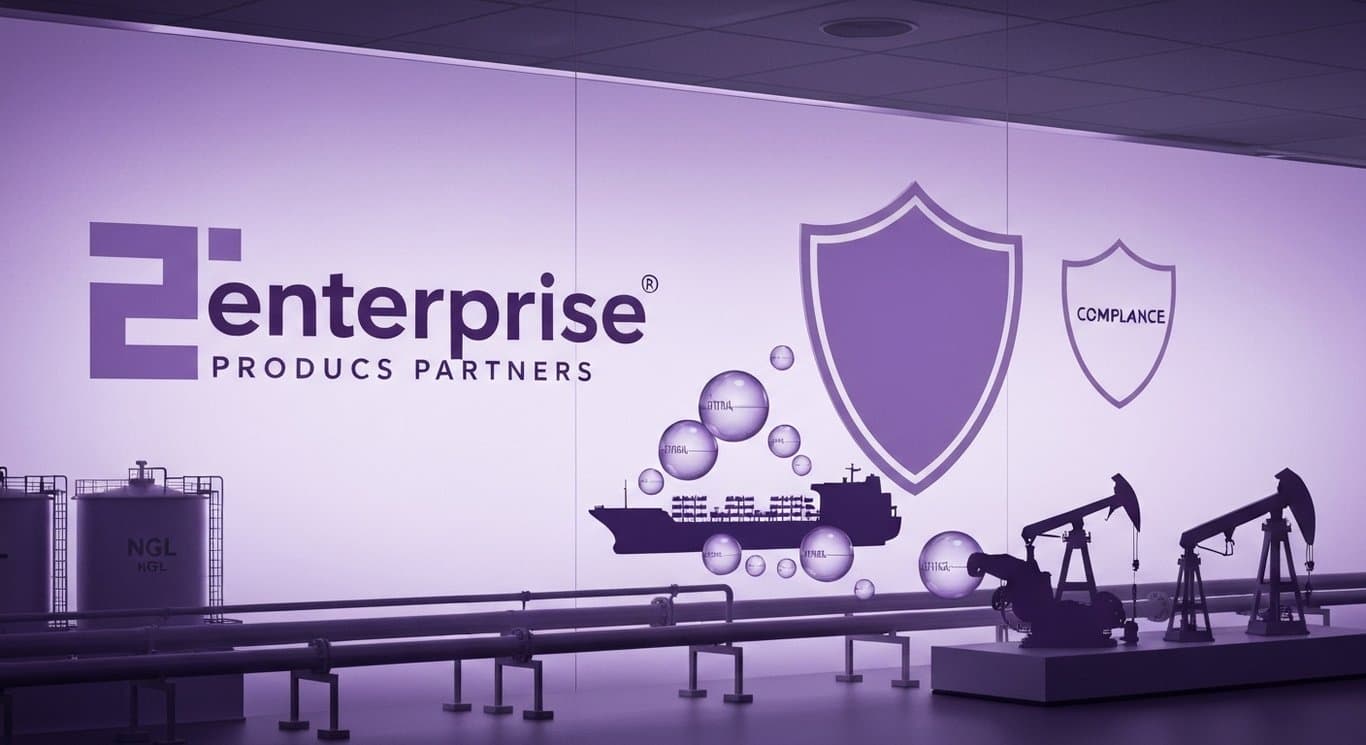 Enterprise Products Partners ethane export denial with pipelines, cargo ship, compliance shield, and Permian growth in purple