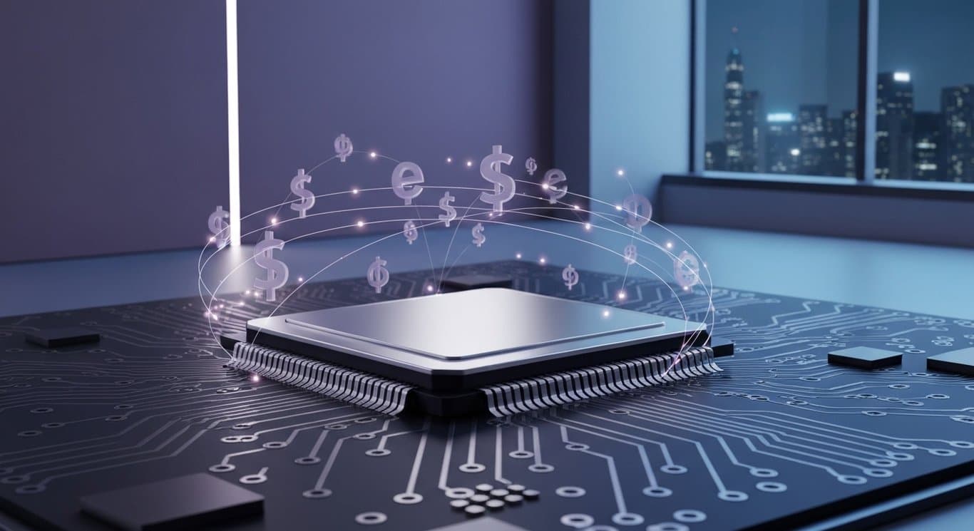 Silver computer chip on a circuit board with abstract financial icons in a soft purple setting