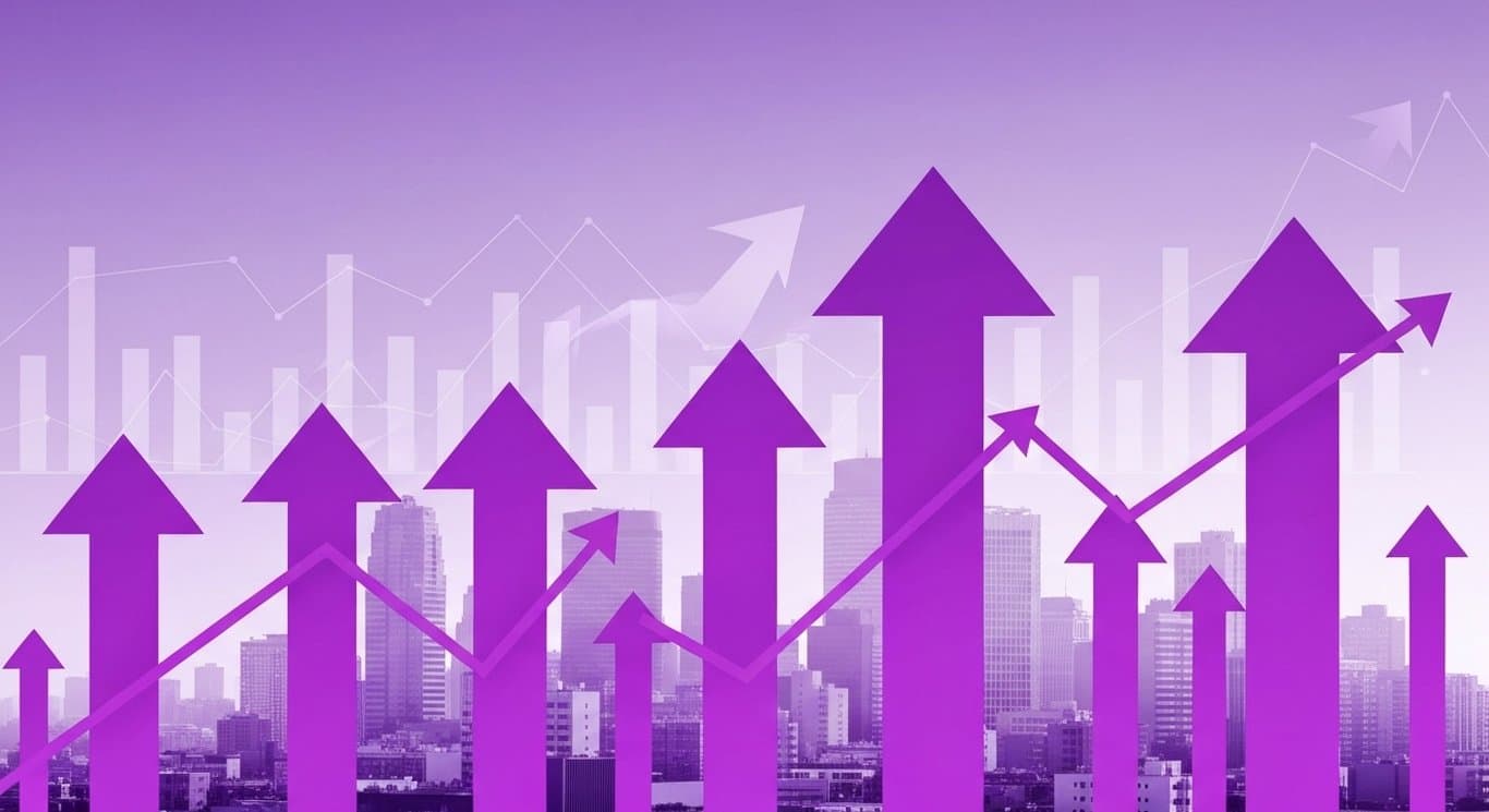 Abstract arrows rising over a city skyline with digital graphs and a purple minimalist backdrop