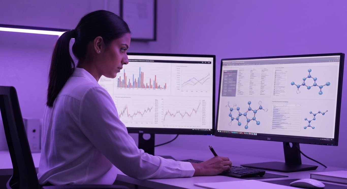 Analyst reviewing financial charts and molecular models at a sleek desk with purple gradient lighting