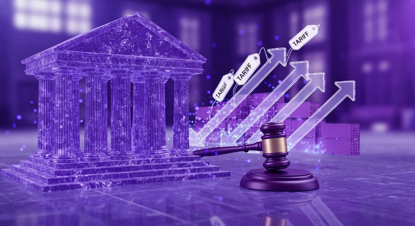 Abstract view of Supreme Court tariffs ruling, import refunds impact, tech and communications gains, energy weakness, AI