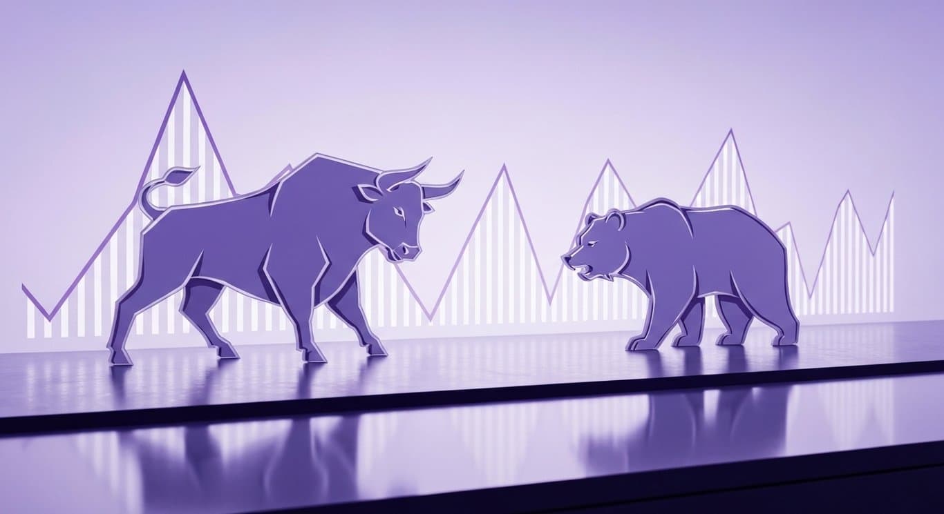 Abstract bull and bear figures on a glass surface with digital graphs in a purple-themed setting
