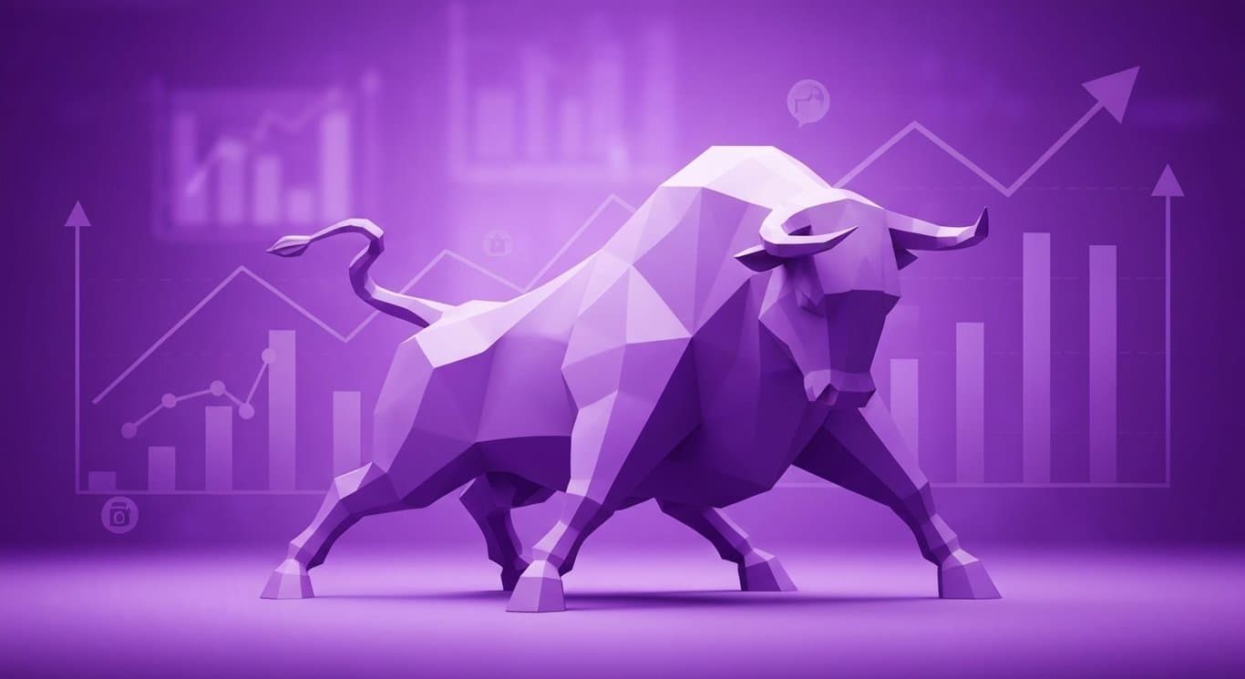 Bull sculpture in front of upward purple charts with financial icons, minimalist and professional