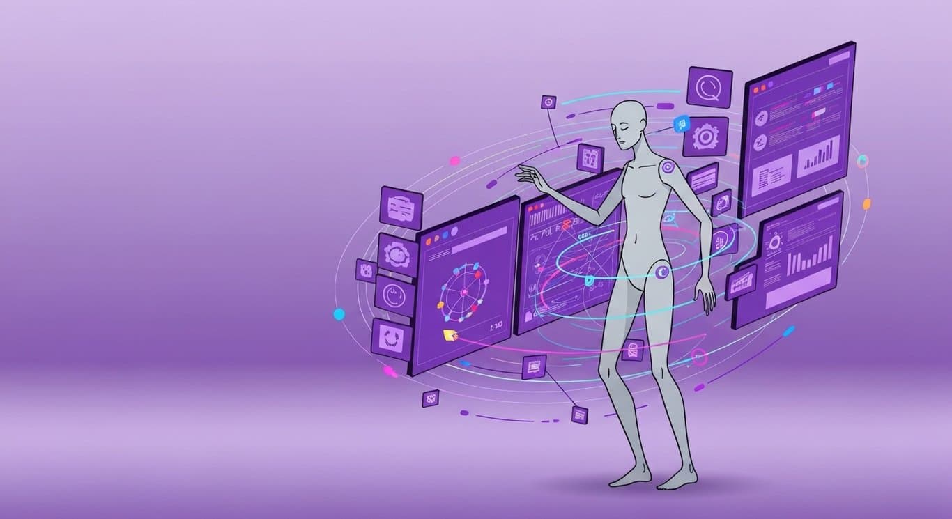 Abstract human figure using a digital interface with icons and data streams on a soft purple background