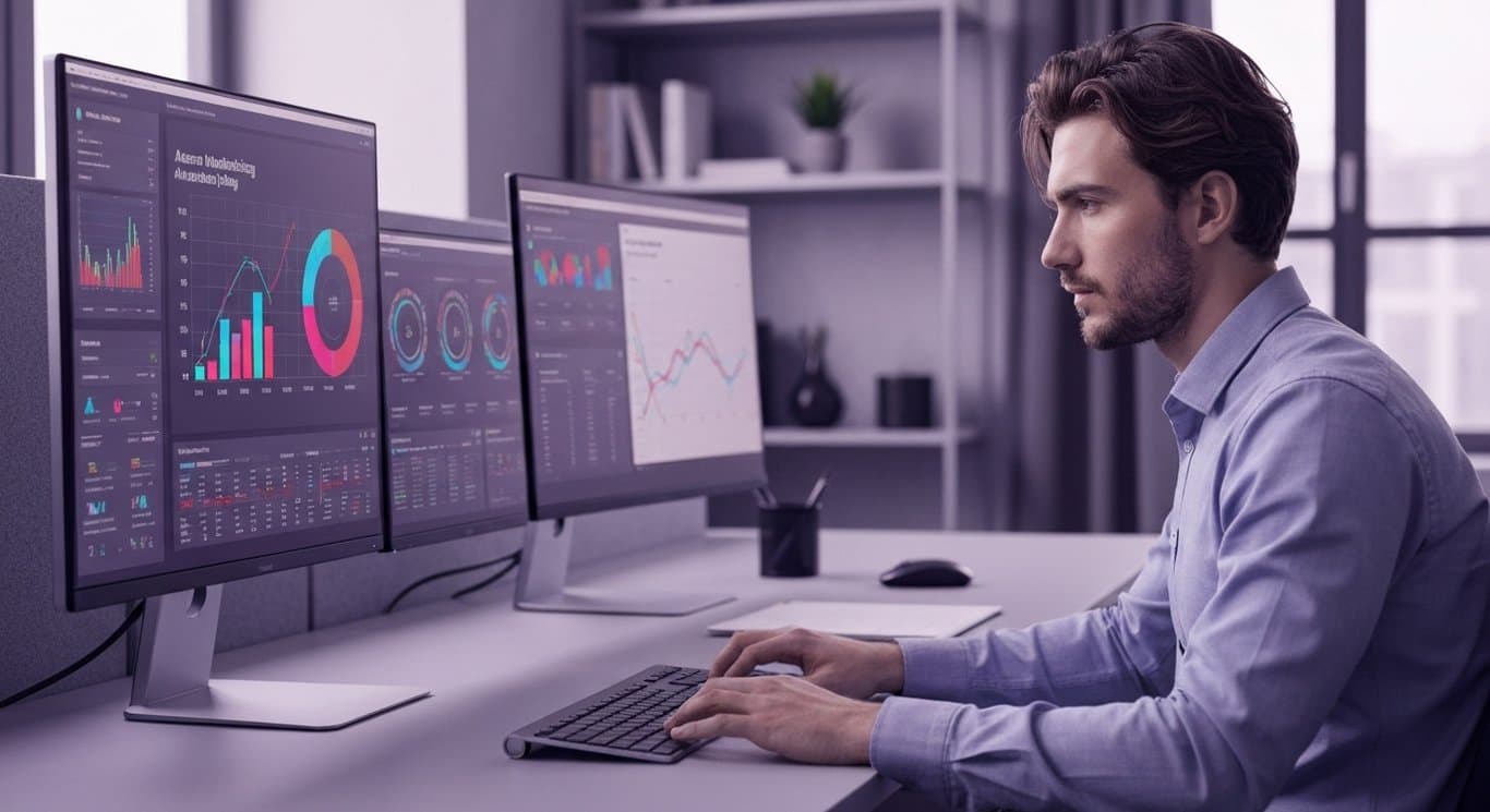 Corporate analyst at a sleek desk studying digital aerospace charts with a purple gradient background