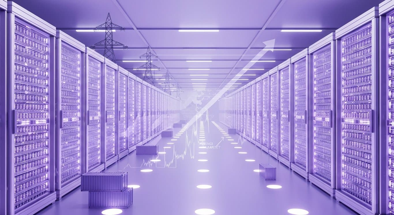 AI servers and data centers with energy grids and logistics icons, market optimism vs inflation and interest rate risks