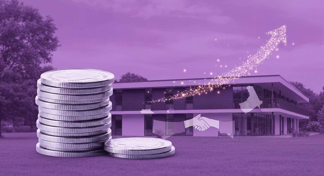 Stacked silver coins beside a modern senior living building with handshake silhouettes and soft purple gradient background