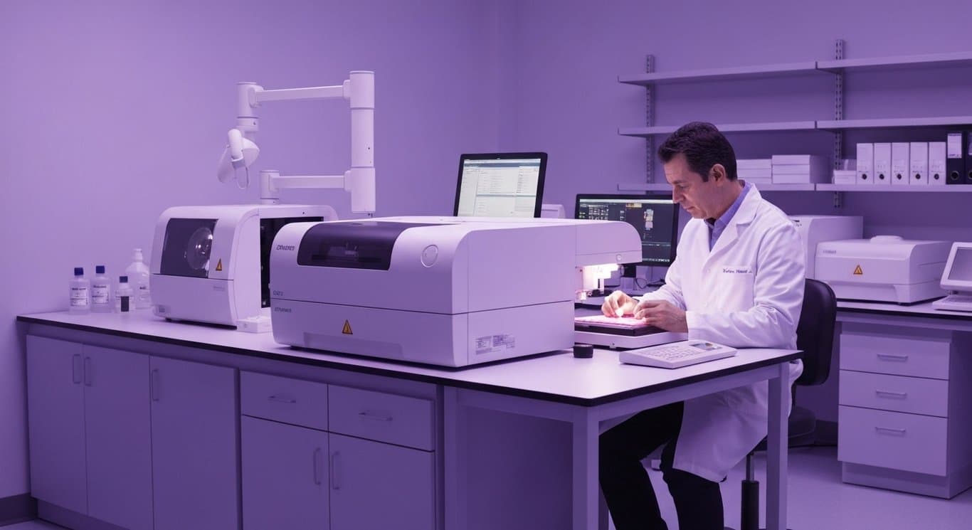 Laboratory scientist examining tissue samples with high-tech equipment in a modern lab environment