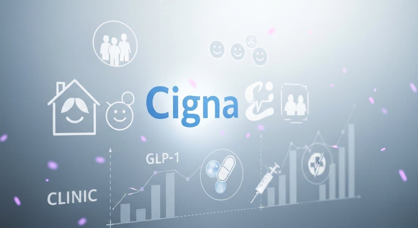 Cigna health equity and GLP-1 coverage visualization with governance and financial symbols in a purple healthcare scene
