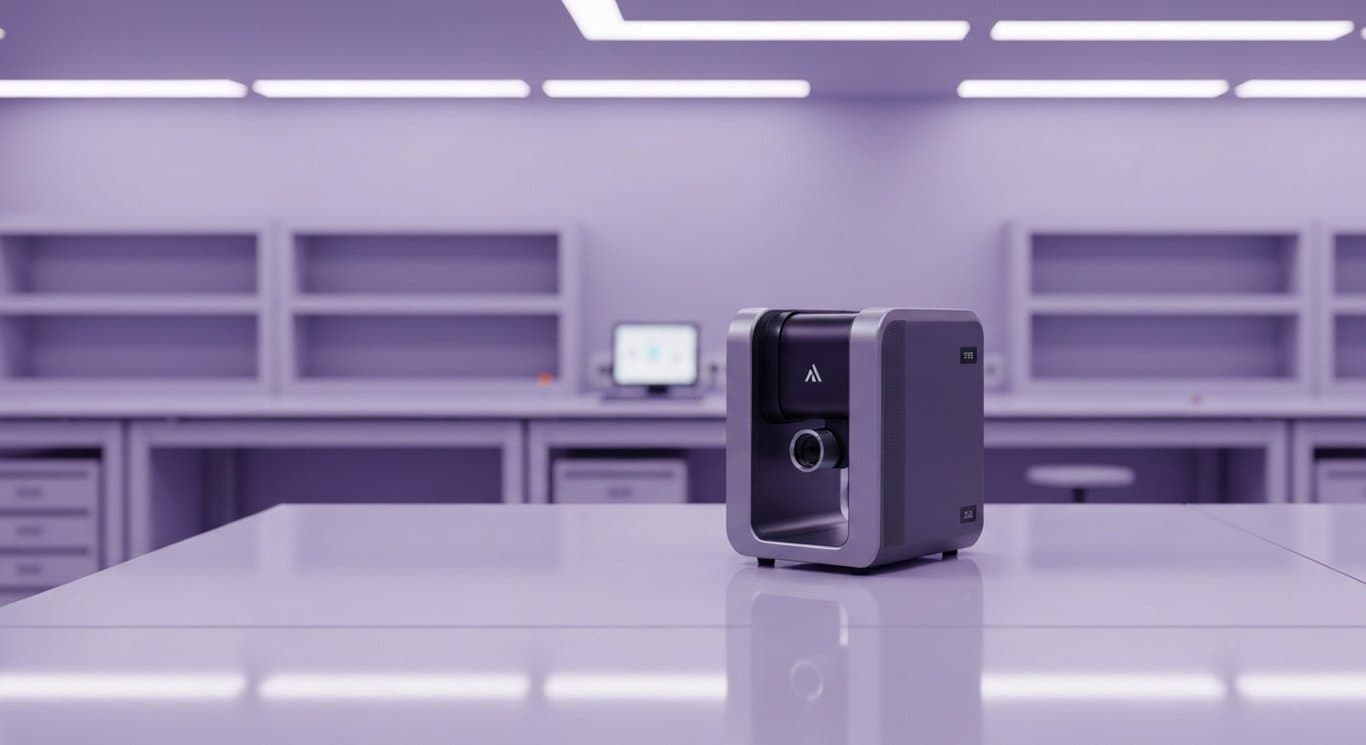 3D scanner device on a technical workbench in a sleek industrial lab with a purple-toned background