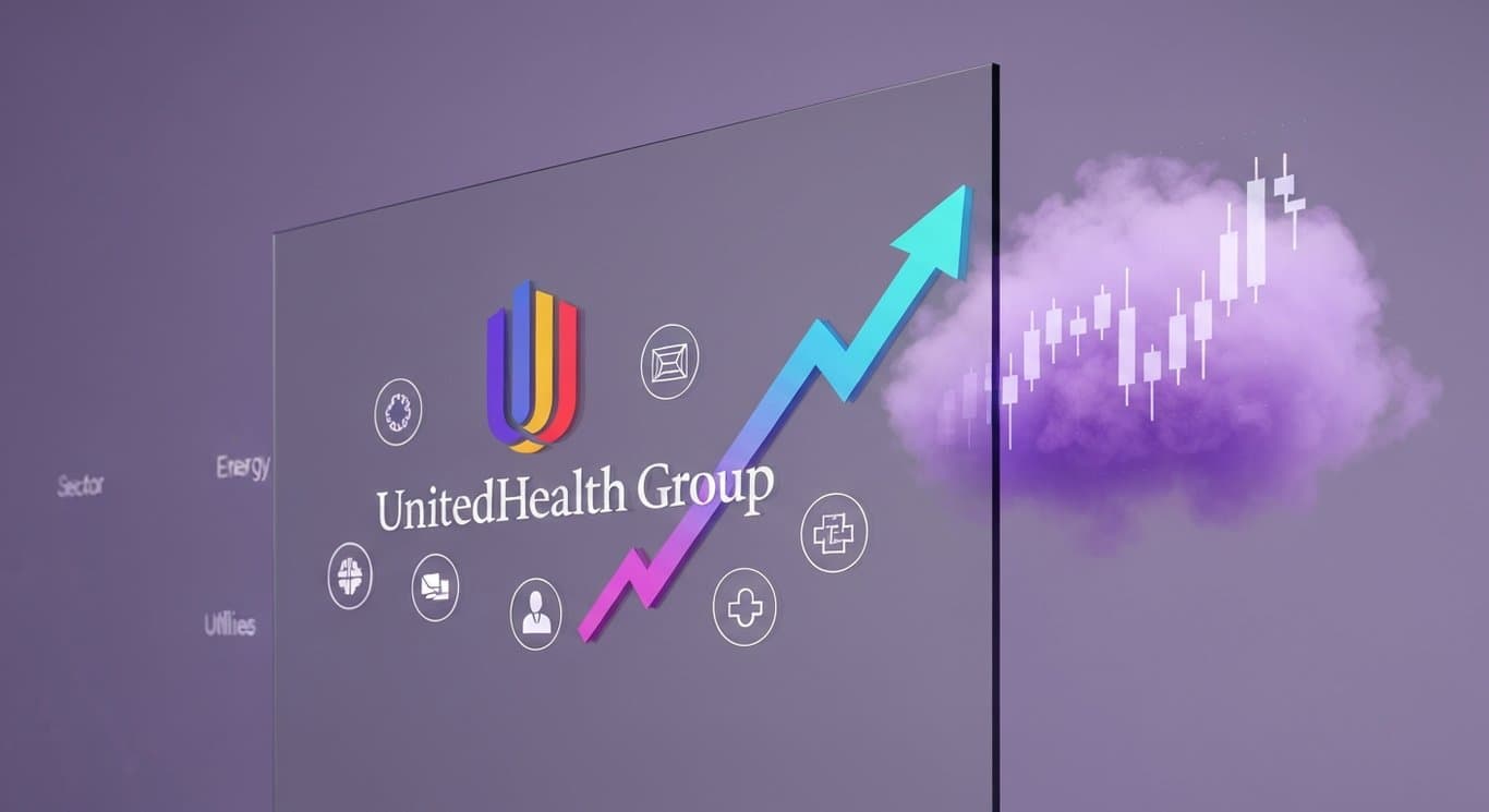 Healthcare logo with earnings surge arrow, candlestick chart, energy, real estate and utilities icons in purple