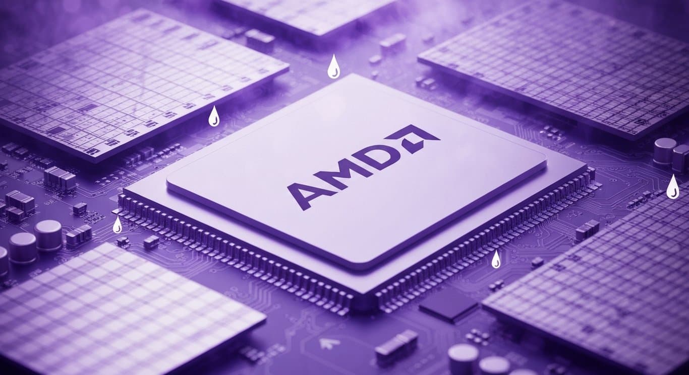 AMD-led AI semiconductor rally with bullish market sentiment and lower oil prices, featuring chips, circuits, and subtle uptr