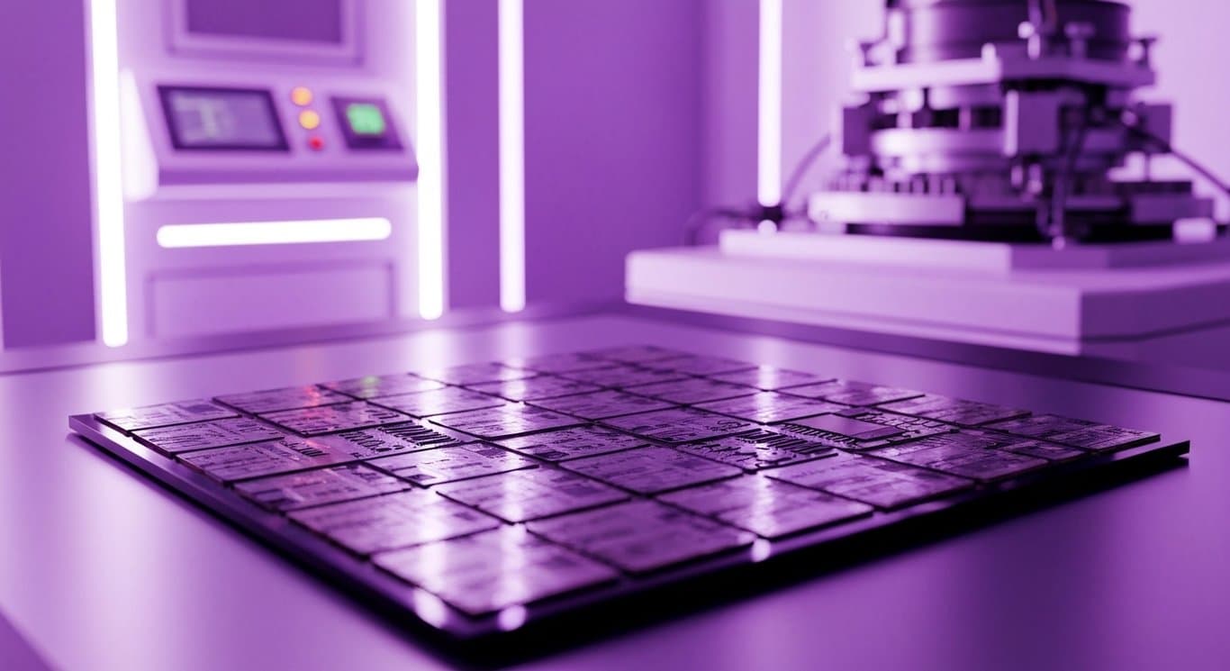 Silicon wafer surrounded by advanced chipmaking machines under soft purple lighting