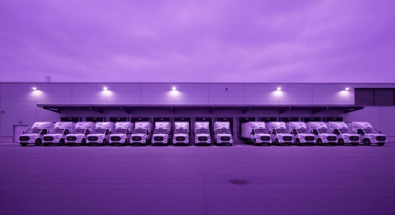 Modern warehouse front with parked rental trucks in a softly lit purple urban environment