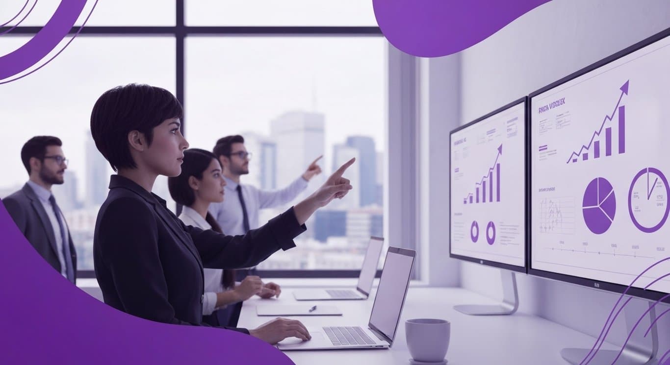 Business professionals reviewing digital charts in a modern office with purple accents and city views