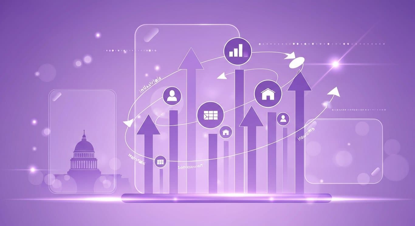 US indexes hit record highs; sector rotation to cyclicals, abstract purple visualization of market momentum and policy shifts