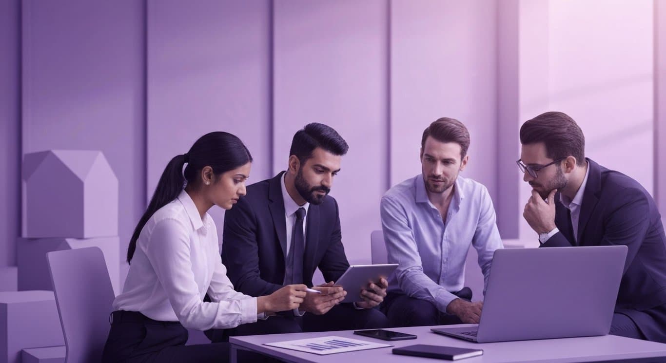 Business people reviewing data charts on a digital tablet in a modern office with a soft purple background