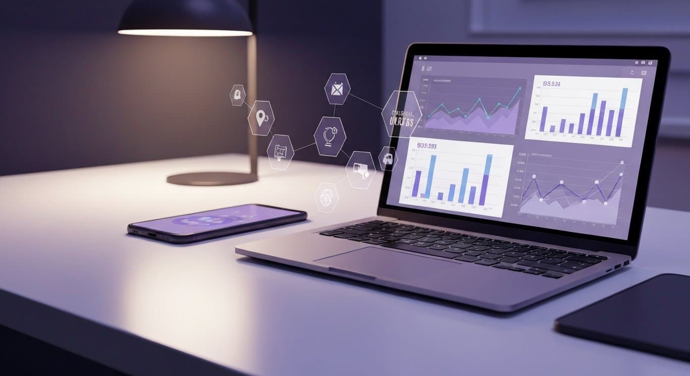 Modern laptop and smartphone on a sleek desk with faint digital marketing icons and a purple gradient background