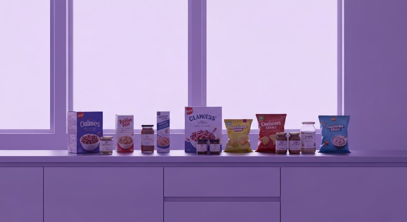 Packaged food items on a contemporary kitchen counter under soft purple lighting