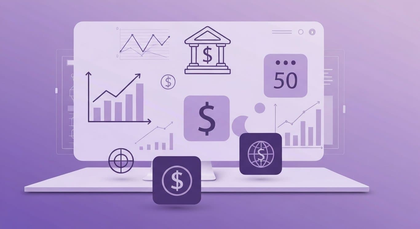 Financial icons on a modern workspace with abstract charts and a purple gradient background