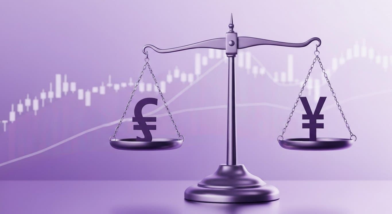 Silver balance scale with currency symbols set against an abstract purple-toned backdrop