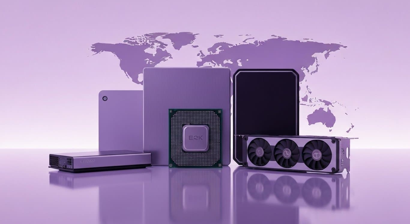 Computer hardware components on reflective surface with a soft purple-toned world map background